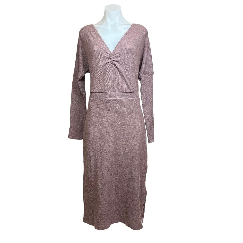 Anthropologie Eri+Ali Pink Knit  V-neck Midi Long Sleeve Boho Sweater Dress Sz M